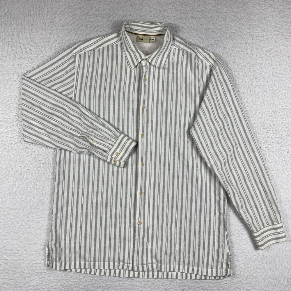 Tommy Bahama Shirt Mens Large White Striped Blue Preppy Travel Casual Workwear